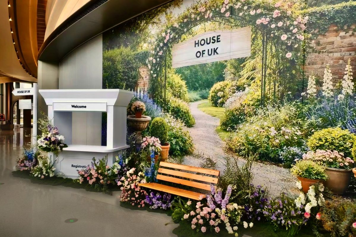 The custom-designed Front Garden and registration area of the House of UK event design in Shanghai; Image Source: 5 Star Plus Retail Design